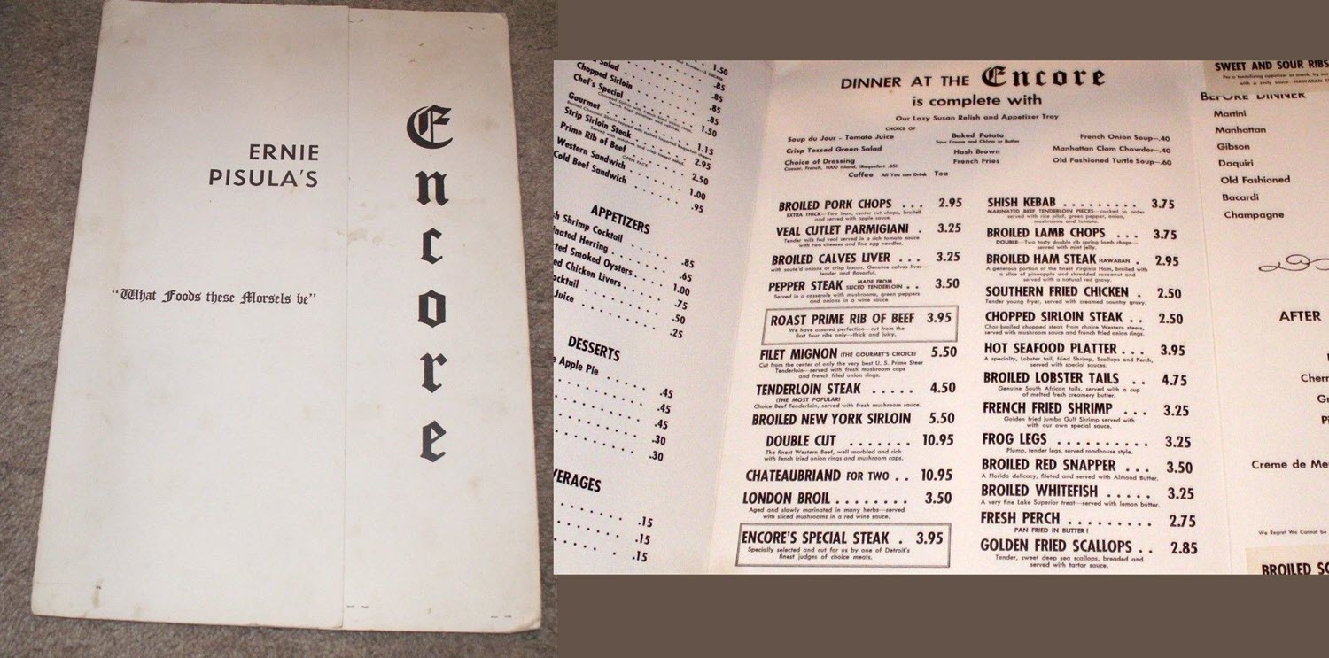 Ernie Pisulas Encore - 1960S Menu (newer photo)
